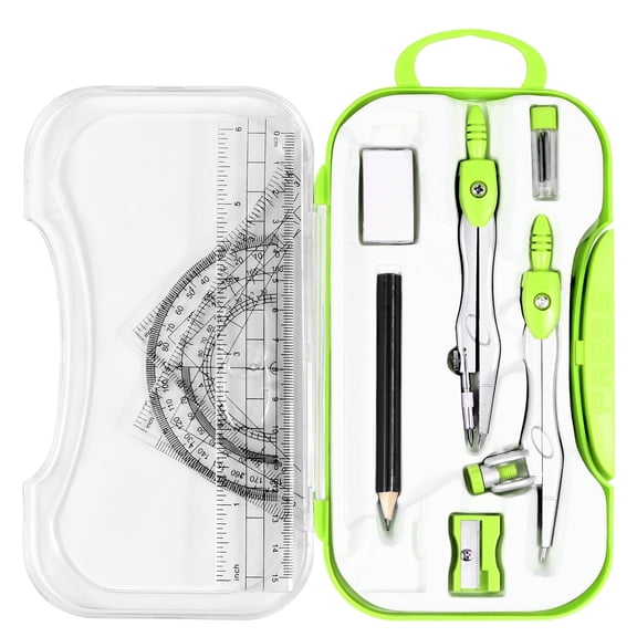 Geometry Set 10 Pcs Student Supplies with Shatterproof Storage Box,Includes Rulers,Protractor,Compass,Eraser,Pencil Sharpener,Lead Refills,Pencil(Green)