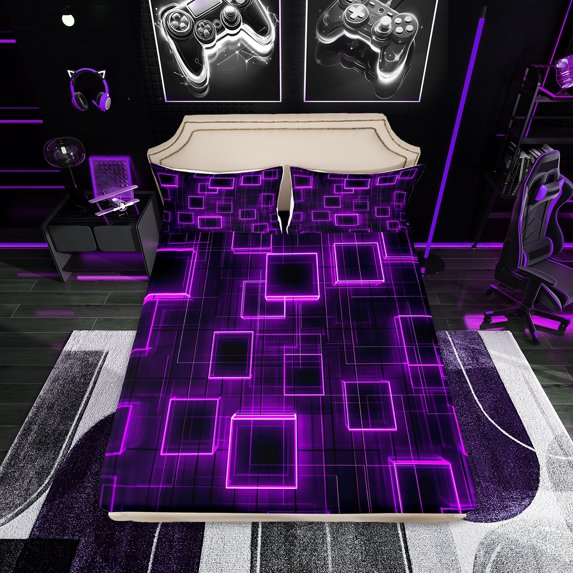 Geometry Sheets Queen Size Boys Girls,Purple Black Geometrical Sheet Set For Kids Adults,Neon Lights Bed Sheets Set Modern Gradient Cubes Abstract Top Sheet