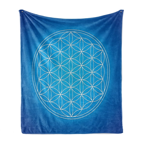 Geometry Soft Flannel Fleece Throw Blanket, Flower of Life Grid Pattern Consisting of Types Overlapping Circles Theme, Cozy Plush for Indoor and Outdoor Use, 70" x 90", Blue White, by Ambesonne