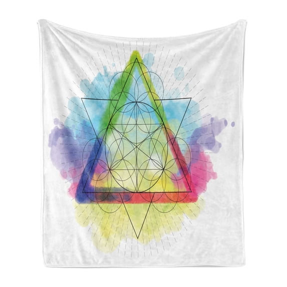 Geometry Soft Flannel Fleece Throw Blanket, Rainbow Colored Triangles Circles Watercolor Effect with Starburst Stripes, Cozy Plush for Indoor and Outdoor Use, 50" x 60", Multicolor, by Ambesonne