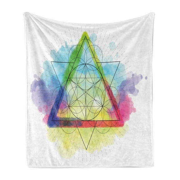 Geometry Soft Flannel Fleece Throw Blanket, Rainbow Colored Triangles Circles Watercolor Effect with Starburst Stripes, Cozy Plush for Indoor and Outdoor Use, 60" x 80", Multicolor, by Ambesonne
