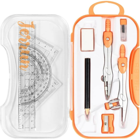 Geometry Tool Kit with Compasses, Protractor, Pencil, Eraser, Sharpener, Set Square, Triangle, 6” Ruler, Lead Refills, Storage Box(Orange) ﻿