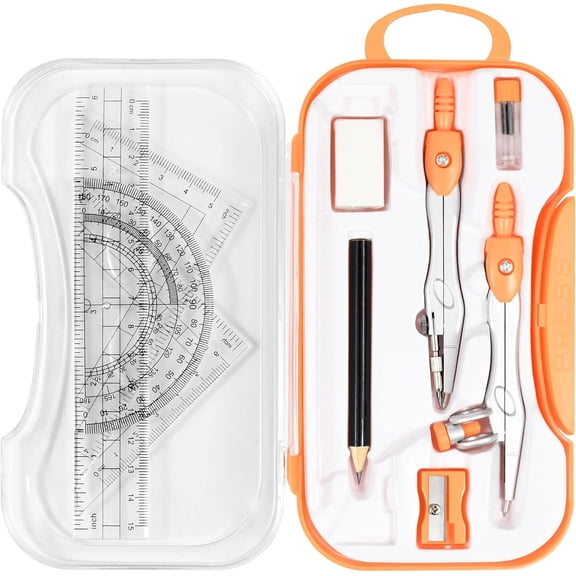 Geometry Tool Kit with Compasses, Protractor, Pencil, Eraser, Sharpener, Set Square, Triangle, 6” Ruler, Lead Refills, Storage Box(Orange) ﻿