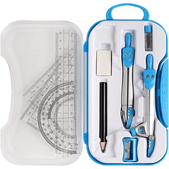 Geometry  Tool Kit with Compasses, Protractor, Pencil, Eraser, Sharpener, Set Square, Triangle, 6” Ruler, Lead Refills, Storage Box