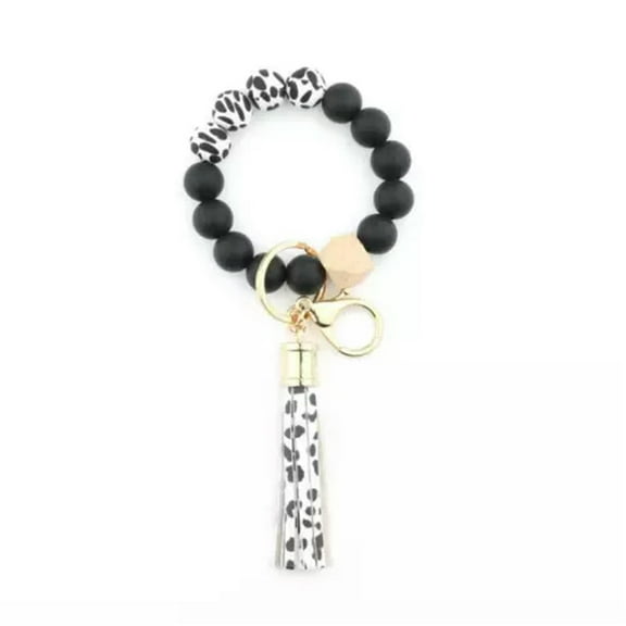Geometry Wood Silica Beaded Bracelet Tassel Wrist Wrapped Keychain Key Ring New