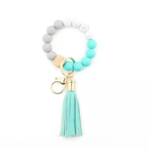 Geometry Wood Silica Beaded Bracelet Tassel Wrist Wrapped Keychain Key Ring New