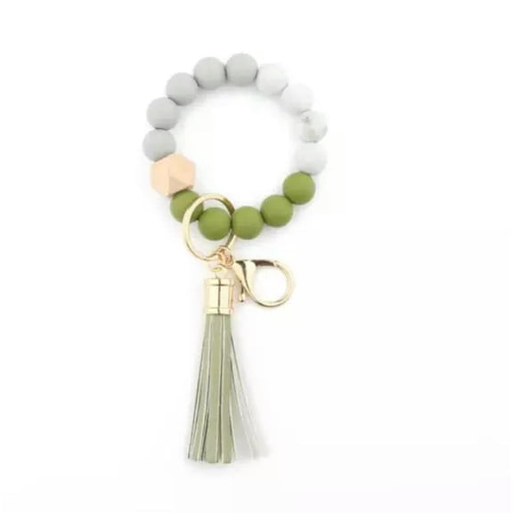 Geometry Wood Silica Beaded Bracelet Tassel Wrist Wrapped Keychain Key Ring New