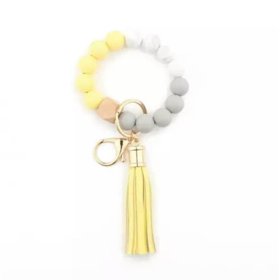 Geometry Wood Silica Beaded Bracelet Tassel Wrist Wrapped Keychain Key Ring New