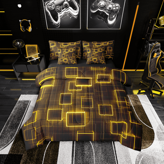 Geometry Yellow Black Bedding Set,Geometric Grid Lines Comforter 7 Pieces Bed In A Bag Twin Size Room Decor,Square Sheet Set Gradient Cubes Modern Fitted Sheet