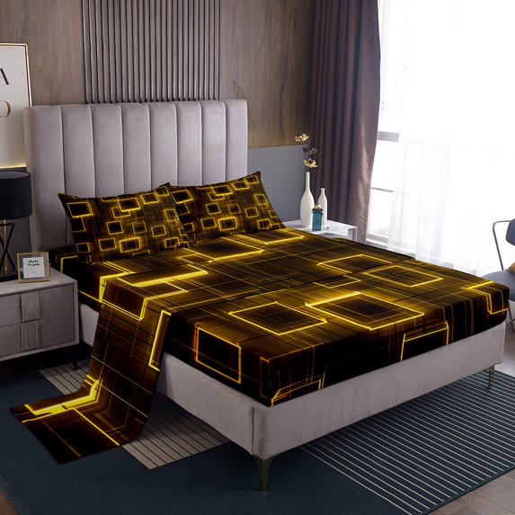 Geometry Yellow Black Kids Sheets,Geometric Grid Lines Sheet Set Twin Size For Boys Girls Room Decor,Square Bed Sheets Set Gradient Cubes Modern Top Sheet