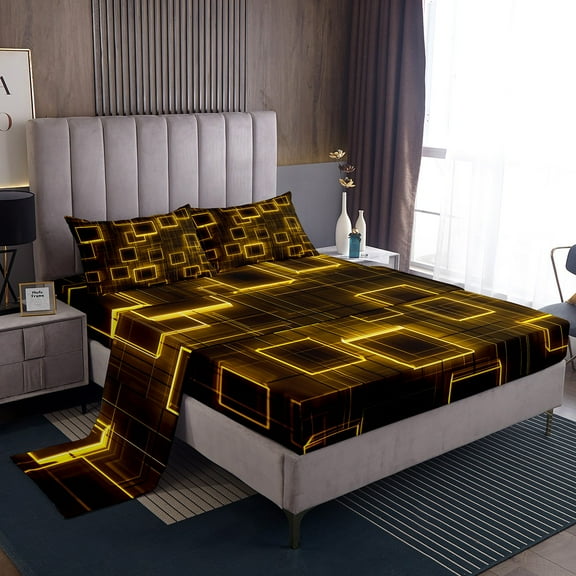 Geometry Yellow Black Kids Sheets,Geometric Grid Lines Sheet Set Twin Size For Boys Girls Room Decor,Square Bed Sheets Set Gradient Cubes Modern Top Sheet