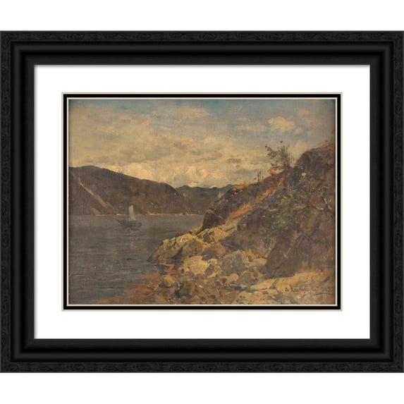 Georg Anton Rasmussen 14x12 Black Ornate Wood Framed Double Matted Museum Art Print Titled: Ship in Rocky Fjord (1875)