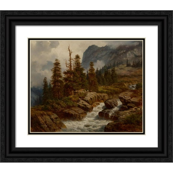 Georg Engelhardt 24x20 Black Ornate Framed Double Matted Museum Art Print Titled: Goats by an Alpine Stream