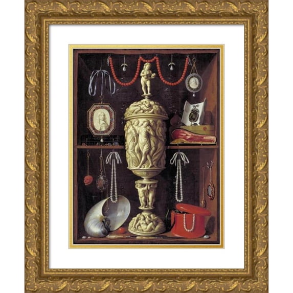 Georg Hainz 18x24 Gold Ornate Framed and Double Matted Museum Art Print Titled - A Cabinet with Objects of Art (1665 - 1667)