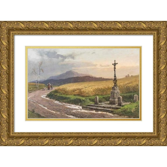 Georg Janny 14x11 Gold Ornate Wood Frame and Double Matted Museum Art Print Titled - Landstrasse with Kornfeld and Wegkreuz