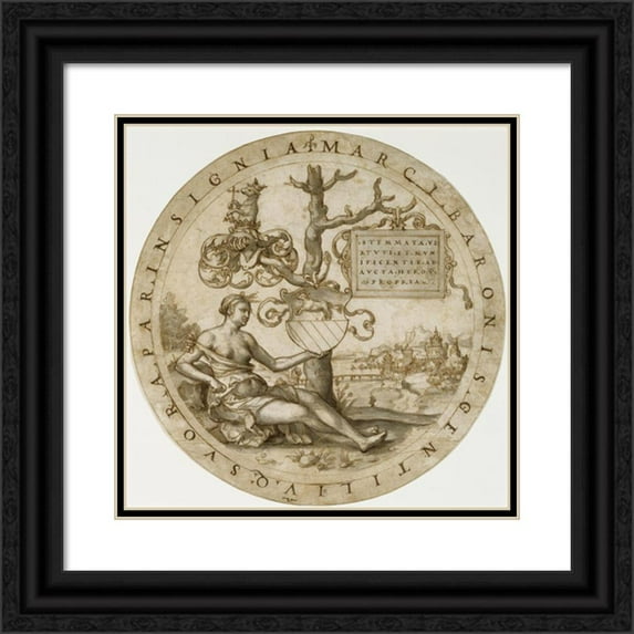 Georg Pencz 20x20 Black Ornate Framed Double Matted Museum Art Print Titled: Study for a Stained Glass Window with the Coat of Arms of the Barons Von Paar (1540)