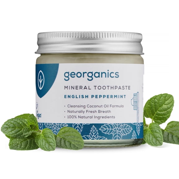 Georganics Mineral Toothpaste - Fluoride, SLS & Glycerine Free - Peppermint Non-Foaming Natural Toothpaste with Virgin Coconut Oil - Certified Cosmos Organic, Vegan and Cruelty-Free - 60ml