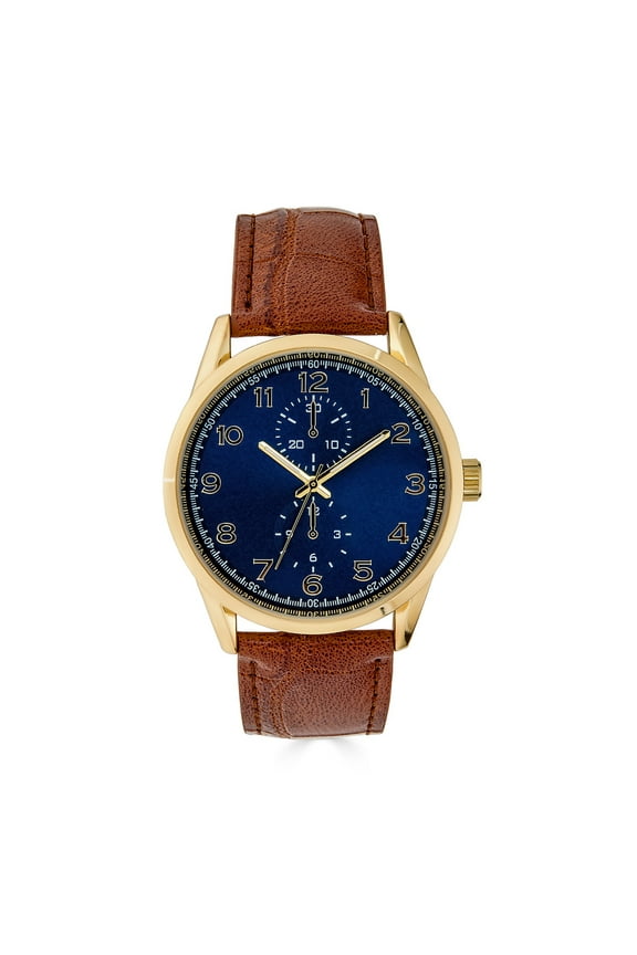 41MM Men's Gold Tone Navy Dial Easy Read Strap Brown Watch