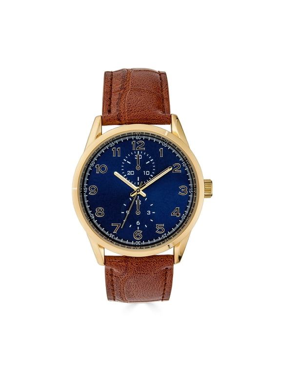 41MM Men's Gold Tone Navy Dial Easy Read Strap Brown Watch