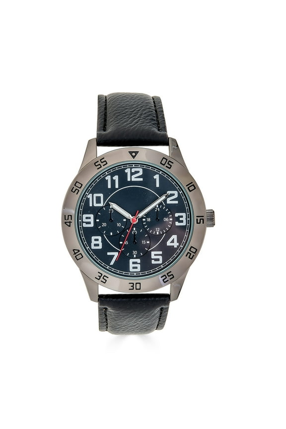 44mm Men's Gunmetal Tone Sport Bezel Easy Read Black Stitched Strap Watch