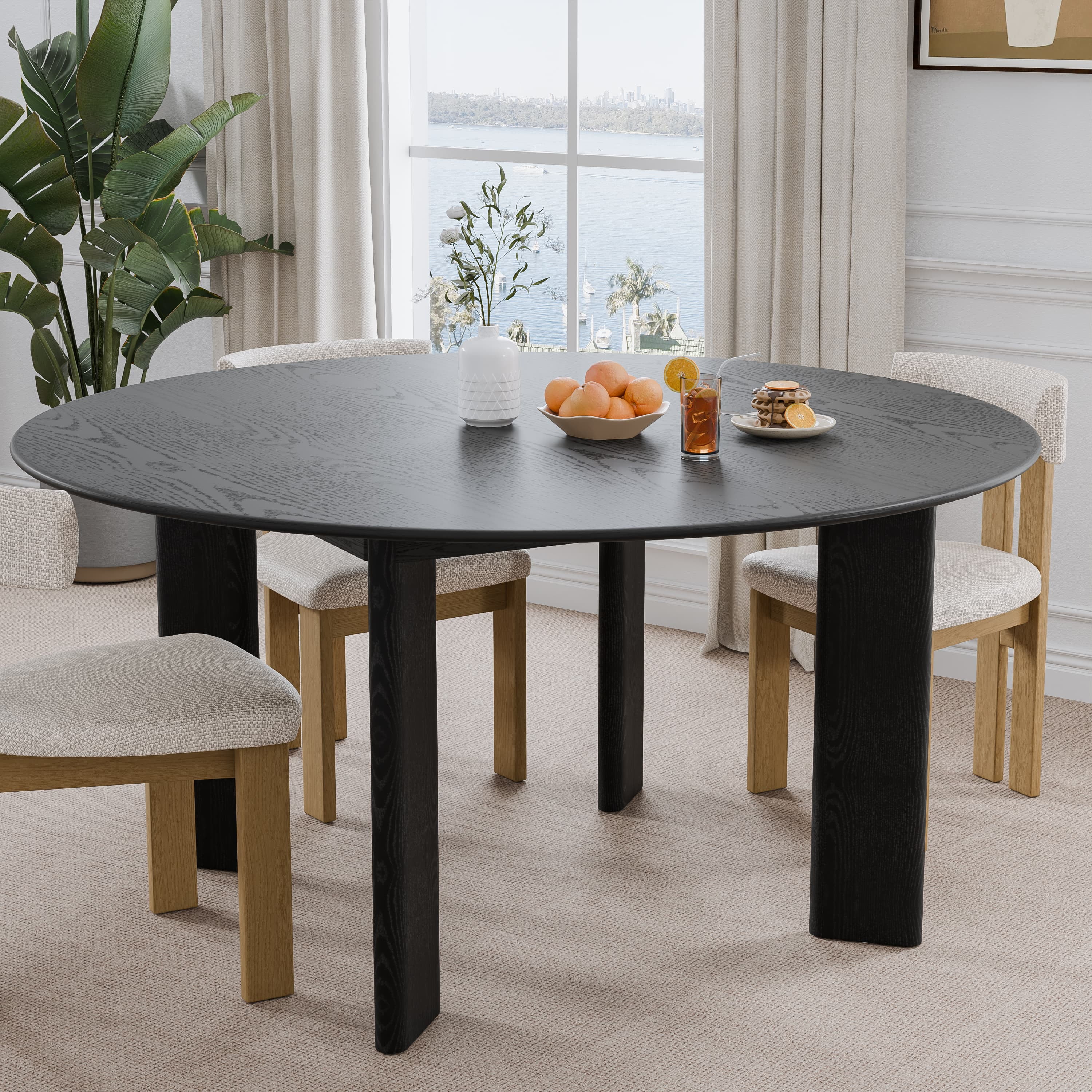 George 59" Soild Wood Dining Table Round Kitchen Table, Black