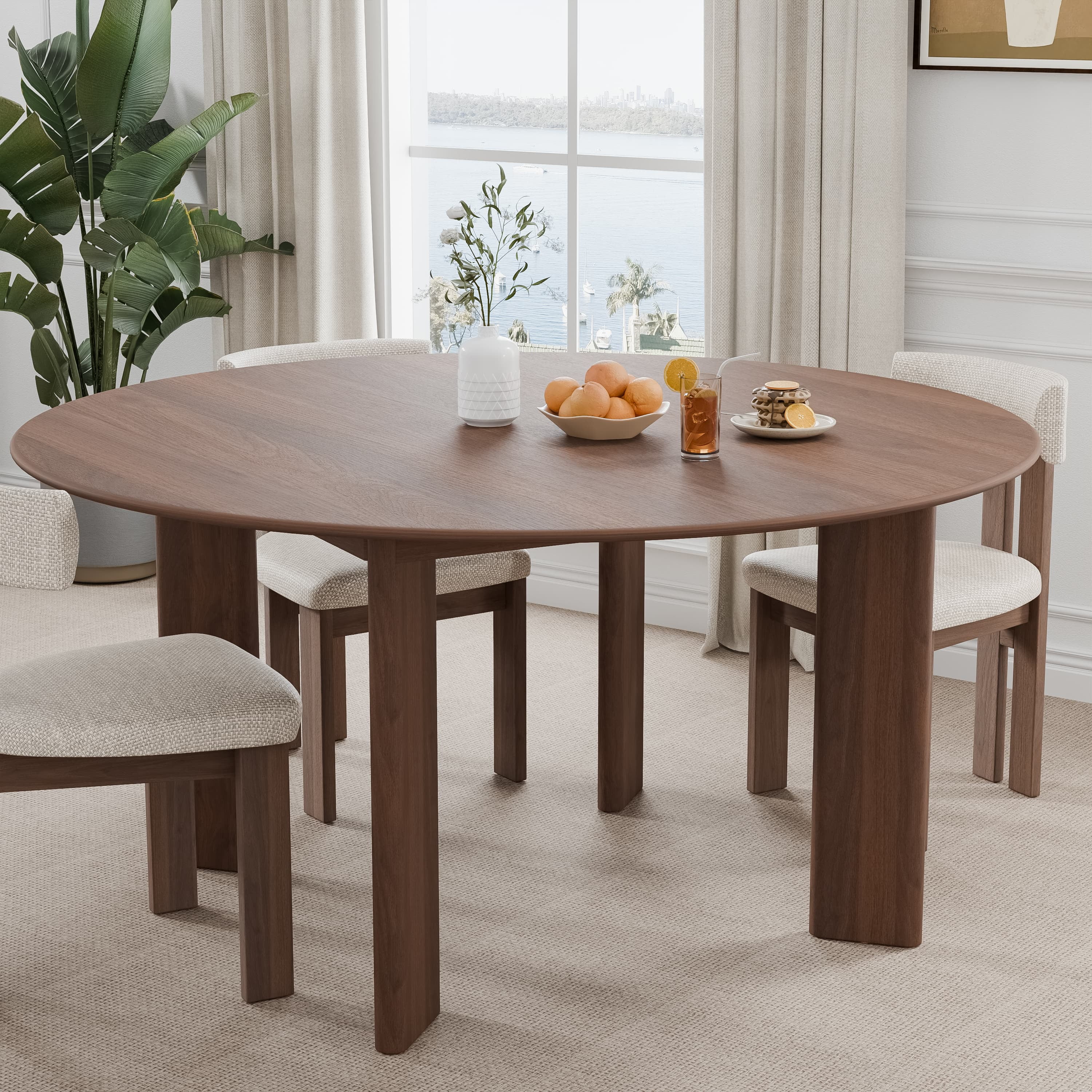 George 59" Soild Wood Dining Table Round Kitchen Table, Walnut