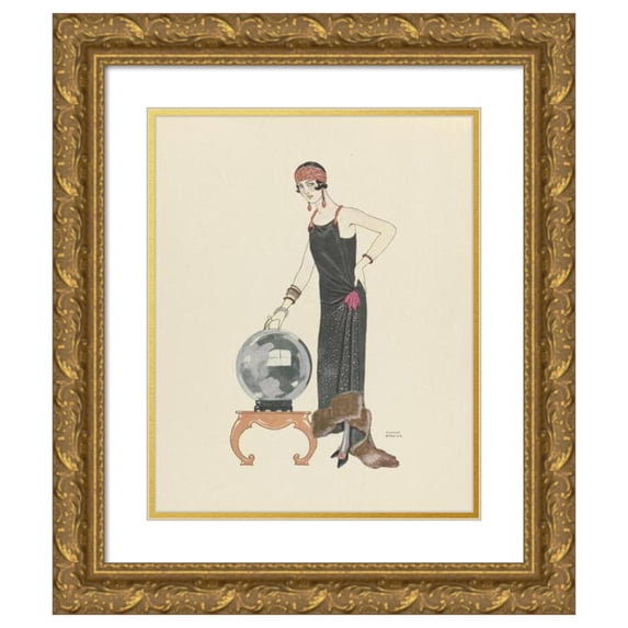 George Barbier 12x14 Gold Ornate Wood Frame and Double Matted Museum Art Print Titled - The Empire of the World; Evening Dress, from Worth (1924)