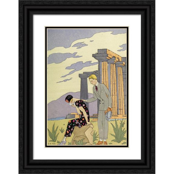 George Barbier 14x18 Black Ornate Wood Framed Double Matted Museum Art Print Titled - Falbalas and Fanfreluches, Paestum (1925)