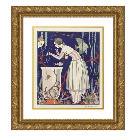 George Barbier 20x23 Gold Ornate Framed and Double Matted Museum Art Print Titled - The Dizzying Little Fish; Summer Dress (1914)