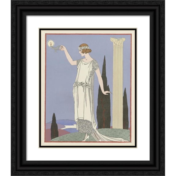 George Barbier 20x24 Black Ornate Framed Double Matted Museum Art Print Titled: Psyche; Evening Dress, from Worth (1921)