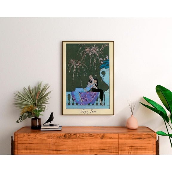 George Barbier - Le Feu. Couple Love Art Poster, Interior, Vagant Poster, Vintage Art, Gallery Wrapped, Kiss Art Poster, Unframed Canvas Size 24x36