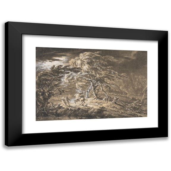 George Barret 18x13 Black Modern Framed Museum Art Print Titled - The Lightning Flash, Travellers in a Thunderstorm on a Woodland Road