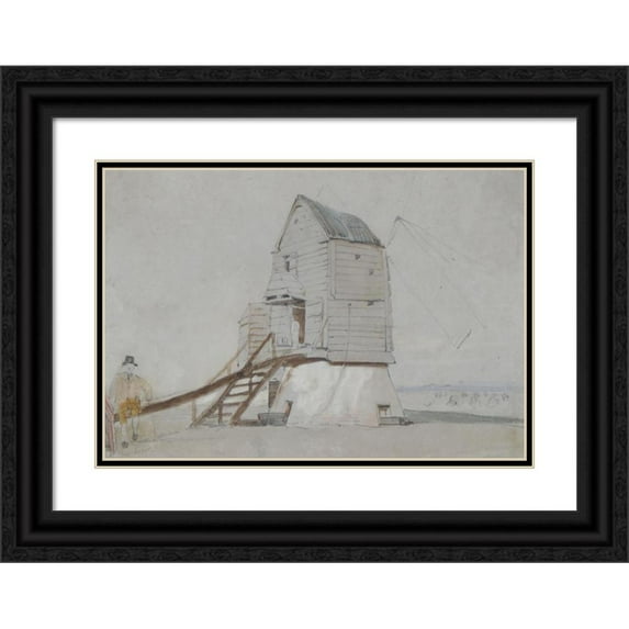 George Bryant Campion 14x11 Black Ornate Wood Framed Double Matted Museum Art Print Titled: A Figure Beside a Windmill (1840-65)