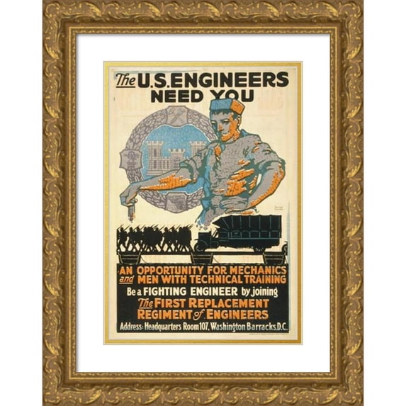 George Carlson 17x24 Gold Ornate Framed and Double Matted Museum Art Print Titled - The U.S. Engineers Need You (1917)