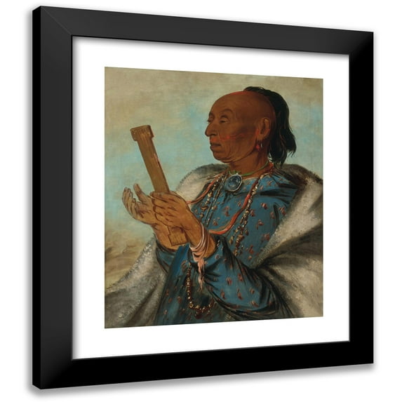 George Catlin 12x14 Black Modern Framed Museum Art Print Titled - Ah-Ton-We-Tuck, Cock Turkey, Repeating His Prayer (1830)