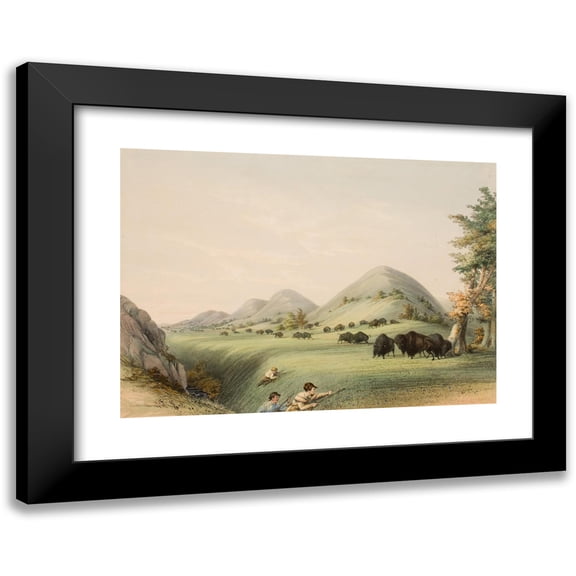 George Catlin 14x11 Black Modern Framed Museum Art Print Titled - Buffalo Hunt, Approaching in a Ravine (1844)