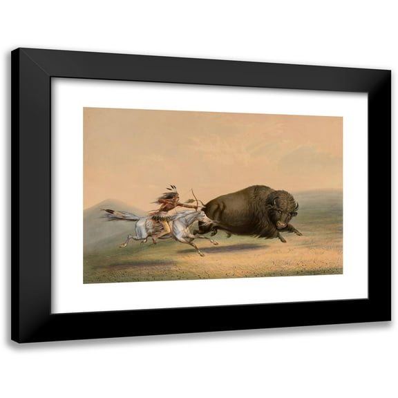 George Catlin 14x11 Black Modern Framed Museum Art Print Titled - Buffalo Hunt, Chase-No. 5