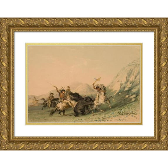 George Catlin 14x11 Gold Ornate Wood Frame and Double Matted Museum Art Print Titled - Attacking the Grizzly Bear (1844)