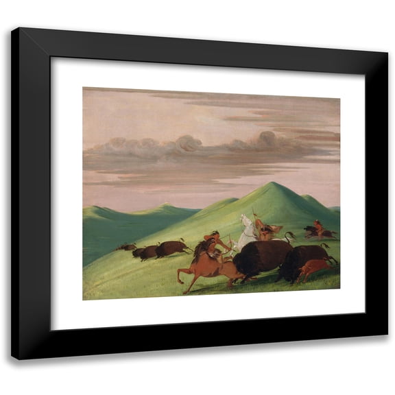 George Catlin 14x12 Black Modern Framed Museum Art Print Titled - Buffalo Chase, Bull Protecting a Cow and Calf (1832-1833)
