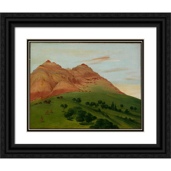 George Catlin 14x12 Black Ornate Wood Framed Double Matted Museum Art Print Titled: View in the Grand Detour, 1900 Miles Above St. Louis (1832)