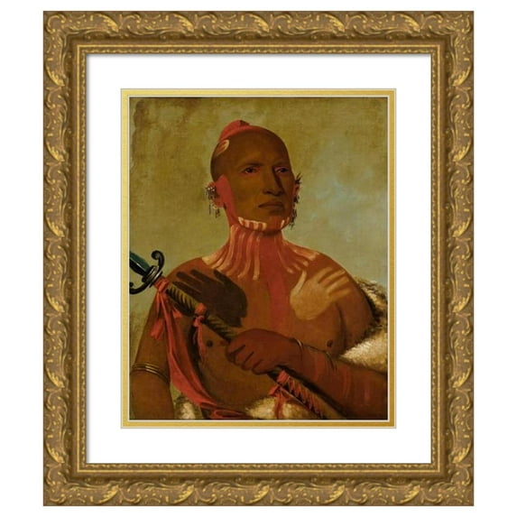 George Catlin 15x18 Gold Ornate Wood Frame and Double Matted Museum Art Print Titled - Weet-Sith, Sturgeon's Head, a Fox Warrior (1832)