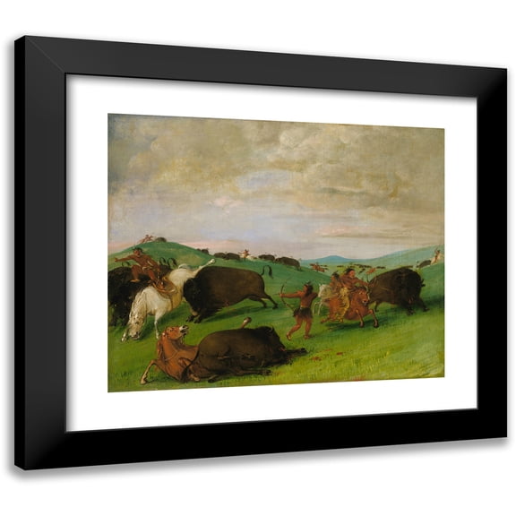 George Catlin 17x15 Black Modern Framed Museum Art Print Titled - Buffalo Chase, Bulls Making Battle with Men and Horses (1832-1833)