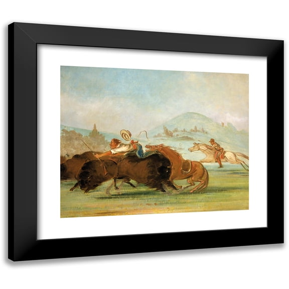 George Catlin 18x15 Black Modern Framed Museum Art Print Titled - Batiste and I Running Buffalo, Mouth of the Yellowstone (1832-1833)