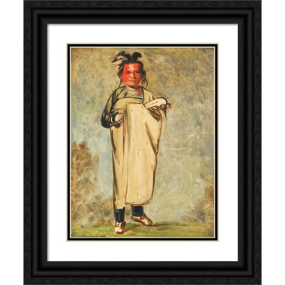 George Catlin 19x24 Black Ornate Framed Double Matted Museum Art Print Titled: Kaw-Kaw-Ne-Choo-A, Brave (1828)