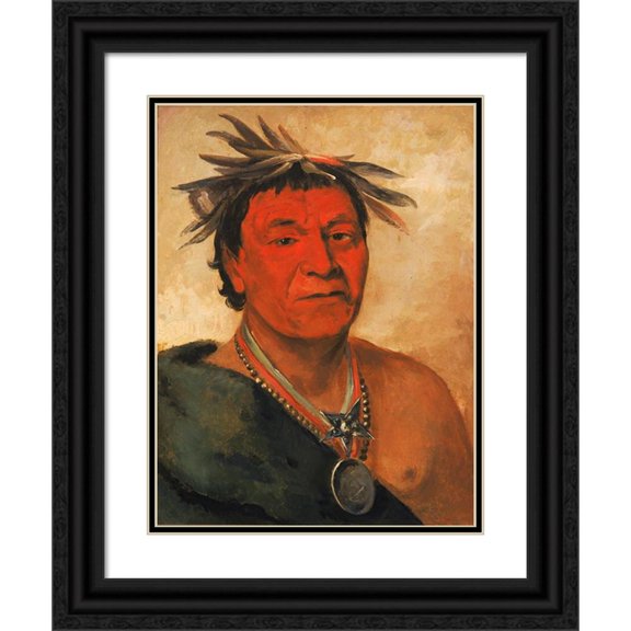 George Catlin 19x24 Black Ornate Framed Double Matted Museum Art Print Titled: O-Ho-Pah-Sha, Small Whoop, a Distinguished Warrior (1831)