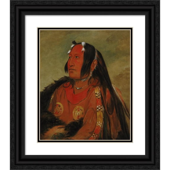 George Catlin 20x24 Black Ornate Framed Double Matted Museum Art Print Titled: Wi-Jun-Jon, Pigeon's Egg Head (The Light), a Distinguished Young Warrior