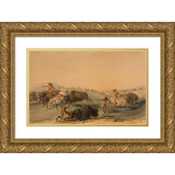 George Catlin 24x17 Gold Ornate Framed and Double Matted Museum Art Print Titled - Buffalo Hunt, Chase (1844)