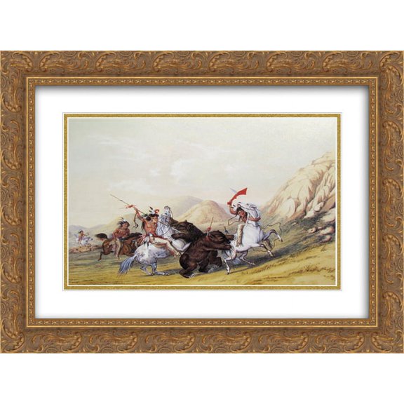 George Catlin 2x Matted 24x20 Gold Ornate Framed Art Print 'Attacking the Grizzly Bear'