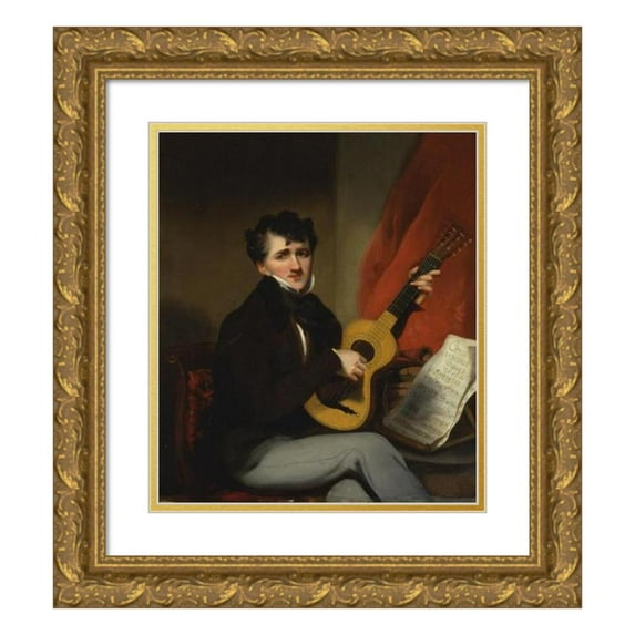 George Chinnery 15x17 Gold Ornate Wood Frame and Double Matted Museum Art Print Titled - Portrait of a Man Playing a Guitar
