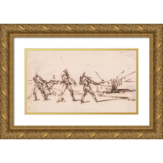 George Chinnery 18x12 Gold Ornate Wood Frame and Double Matted Museum Art Print Titled - Natives Hauling a Boat